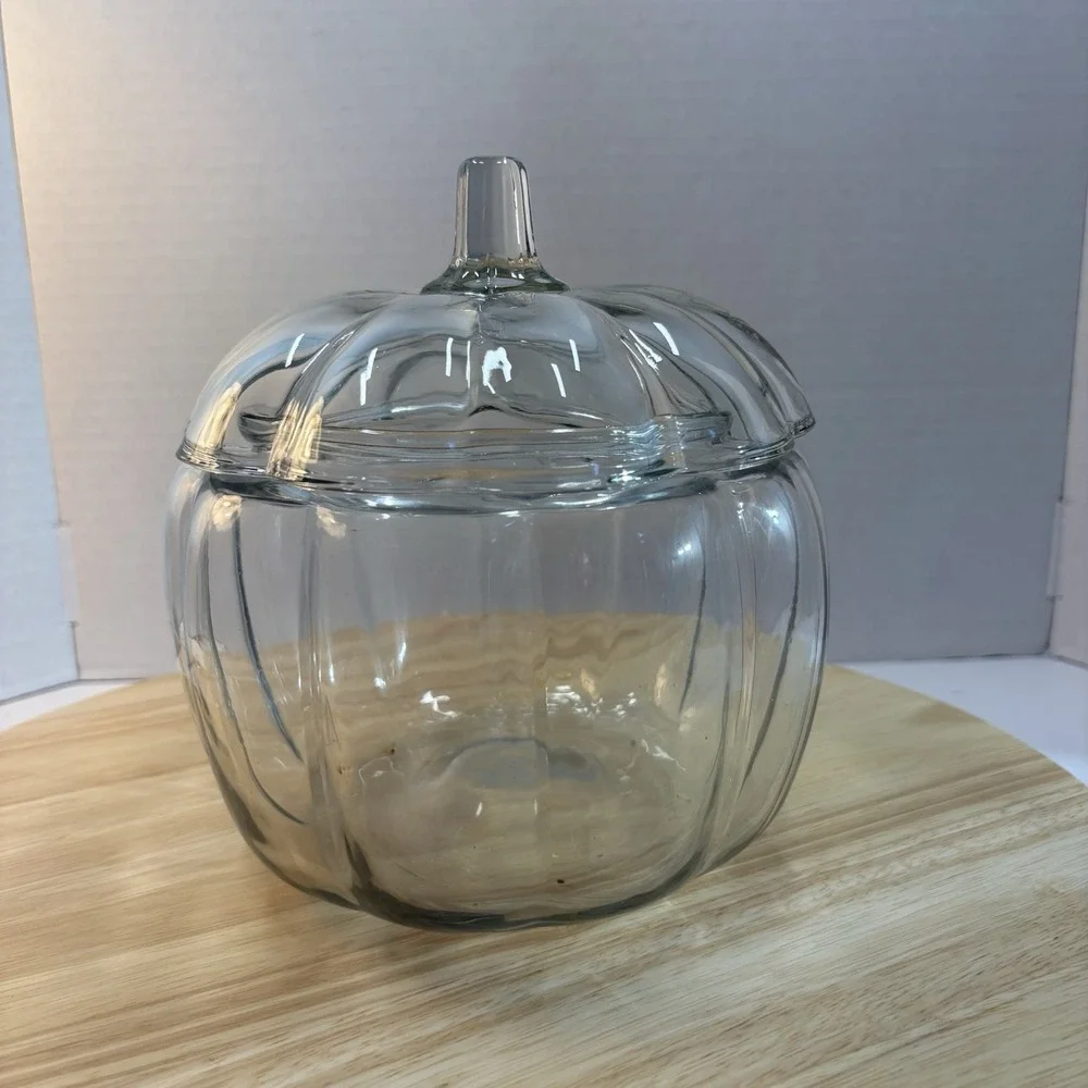 Clear Glass Pumpkin Cookie Jar Canister w/ Lid, 32 oz, 9.5 in Tall